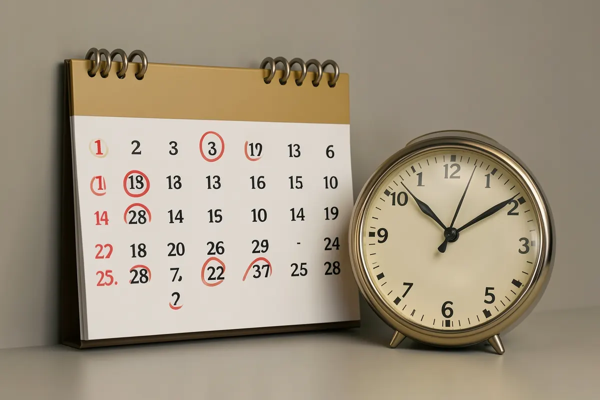 Calendário com dias marcados e um relógio ao lado.