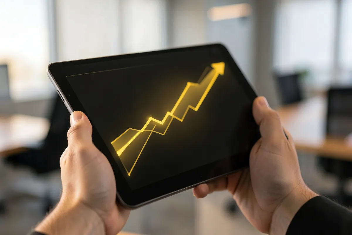 Gráfico de crescimento em um tablet segurado por uma pessoa.