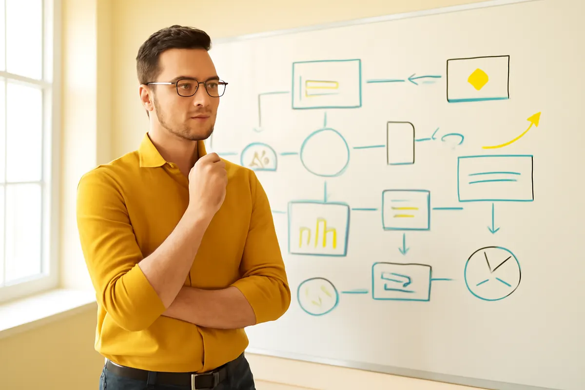 Profissional de marketing digital planejando estratégias de anúncios em um quadro branco.
