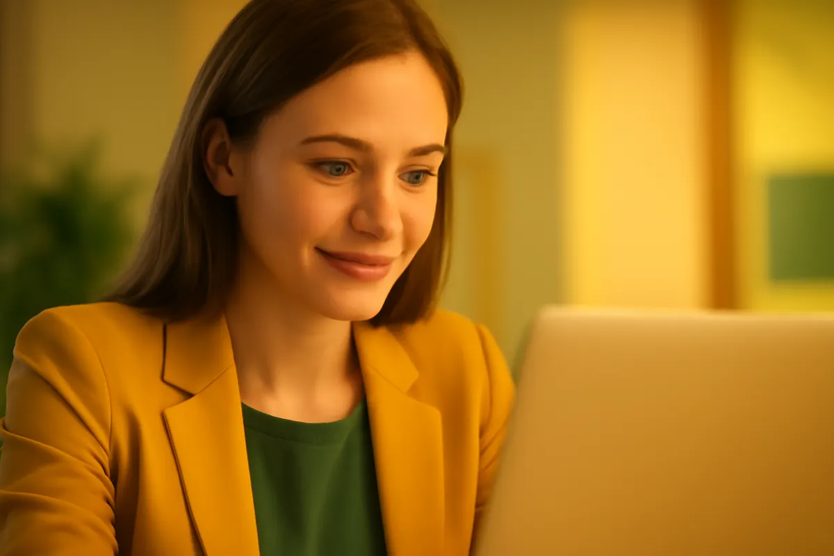 Mulher sorrindo enquanto analisa resultados de campanhas de tráfego pago em seu notebook.