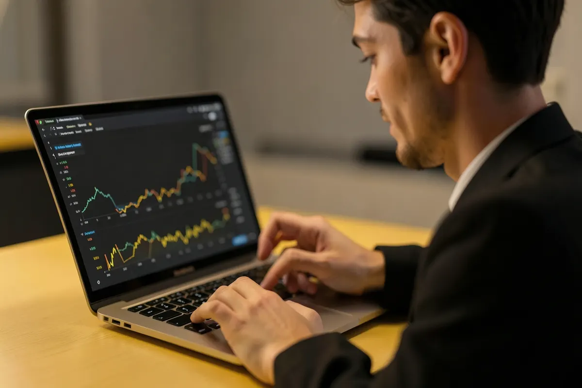 Uma pessoa analisando dados em um laptop com gráficos e números na tela.