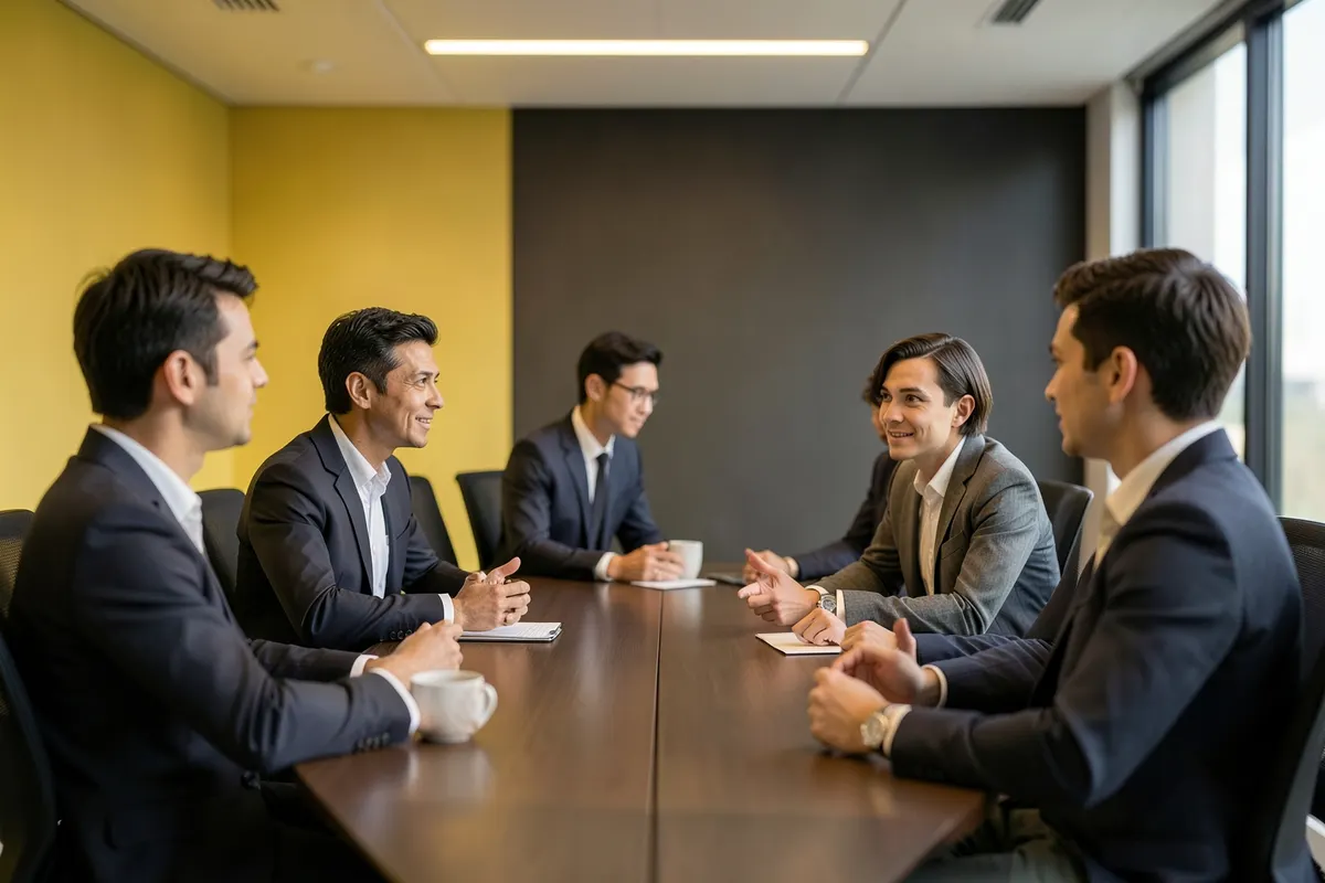 Um grupo de pessoas em uma reunião discutindo estratégias de marketing em uma sala de conferências.