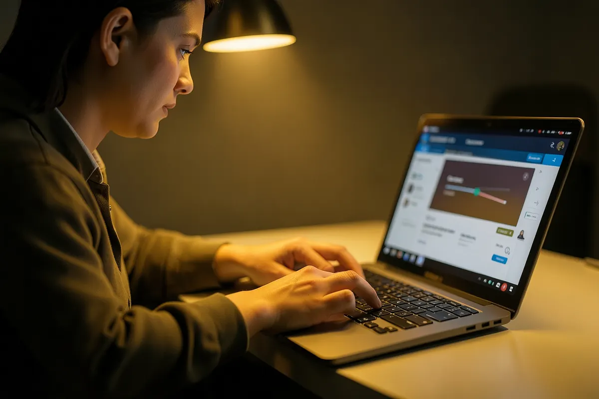 Um profissional de marketing digital criando conteúdo para redes sociais em um laptop.