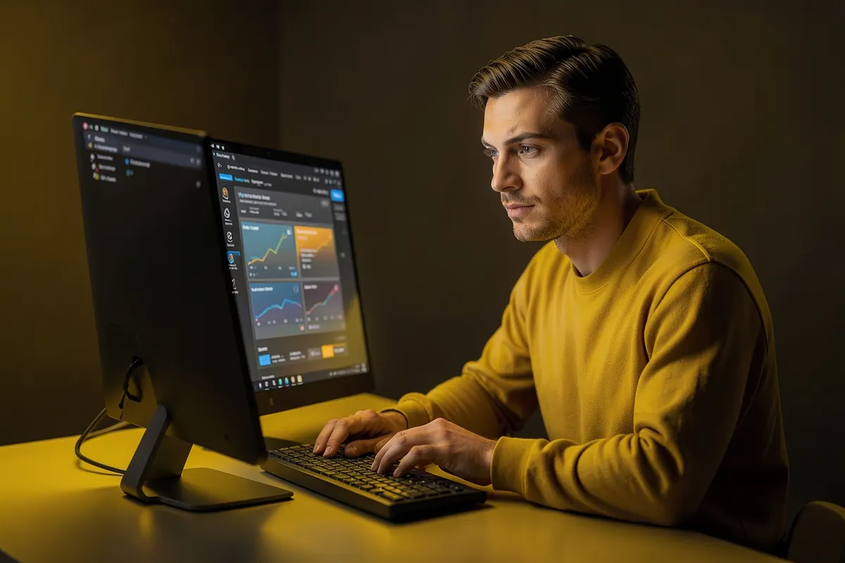Um profissional de marketing digital gerenciando campanhas de anúncios online em um computador.