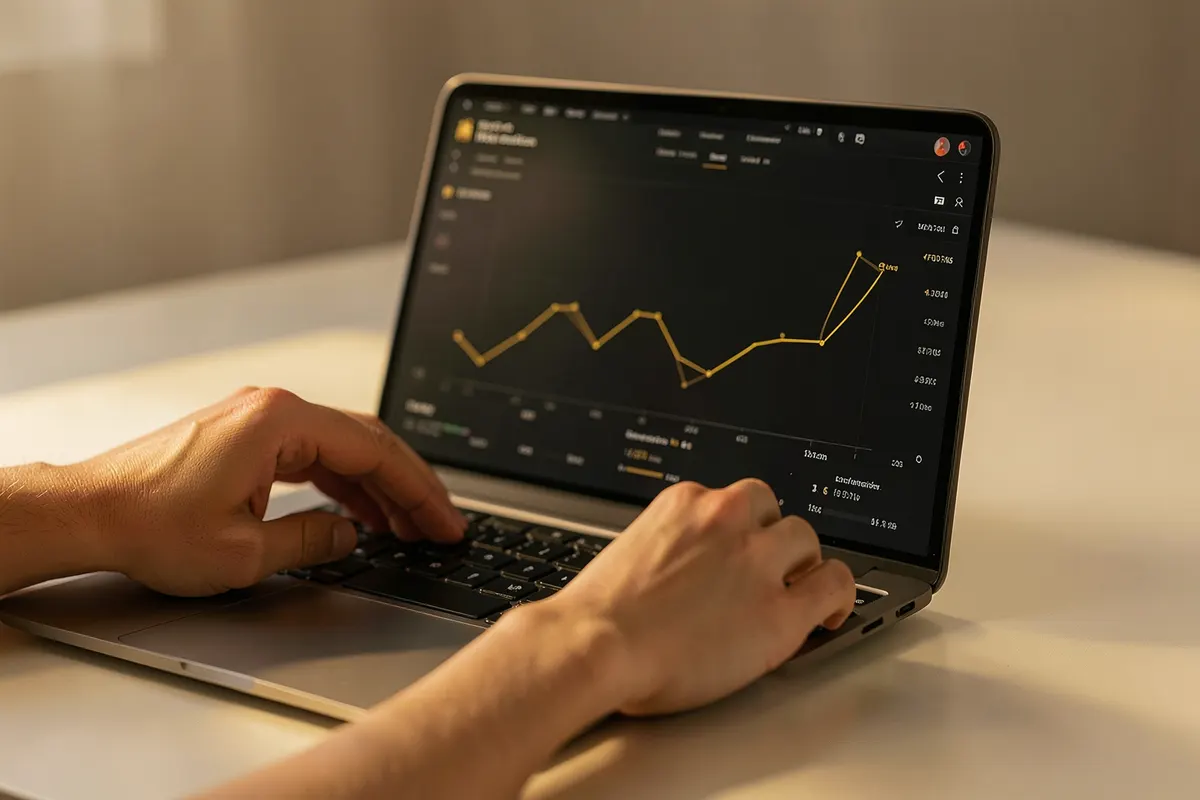 Um profissional de marketing digital analisando métricas de campanhas em um notebook, com gráficos de desempenho visíveis na tela.
