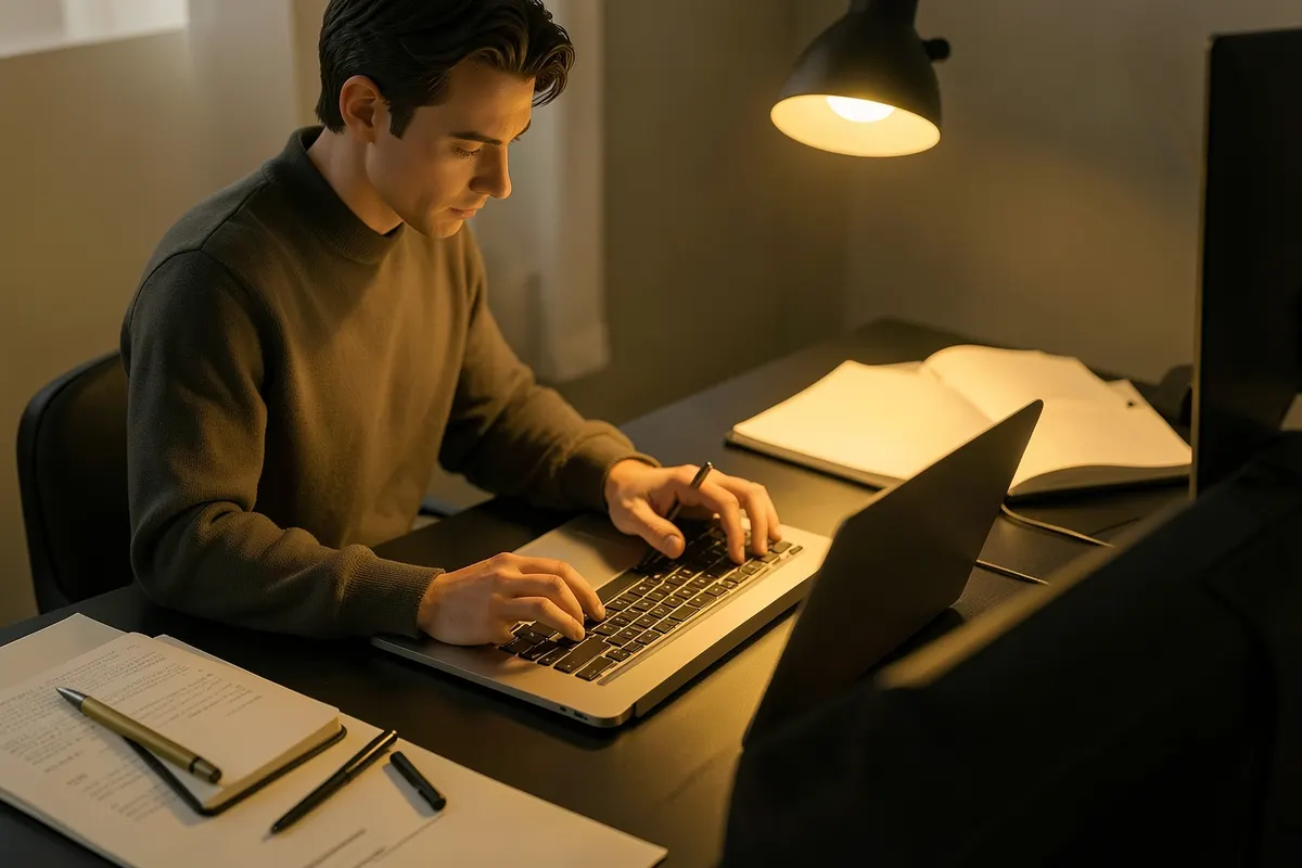 Pessoa estudando em um notebook com livros e materiais de estudo ao redor, em uma mesa organizada.