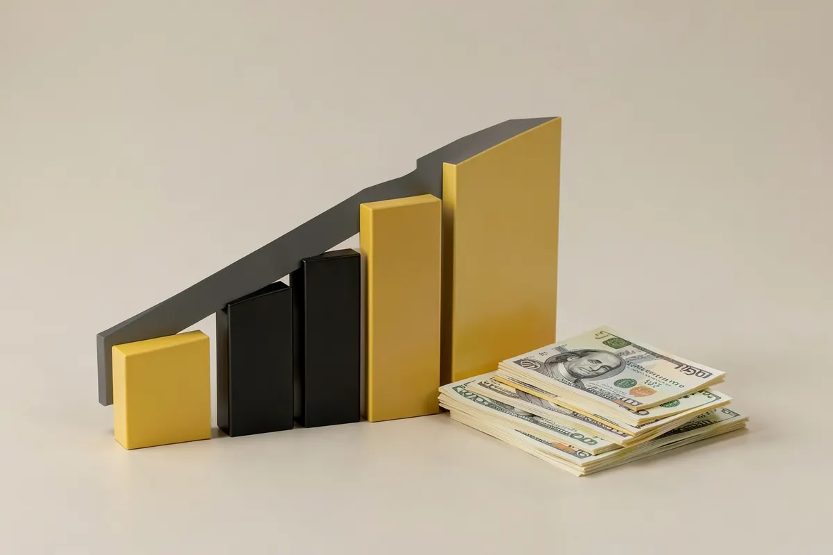 Gráfico de barras ascendente representando aumento de salário, com notas de dinheiro ao lado.