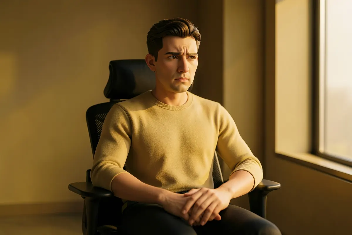 Pessoa pensativa sentada em uma cadeira de escritório, com uma expressão de concentração e um pouco de dúvida.