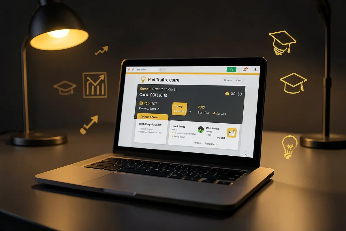 Um curso online de tráfego pago sendo exibido em um notebook, com ícones de sucesso e aprendizado ao redor.