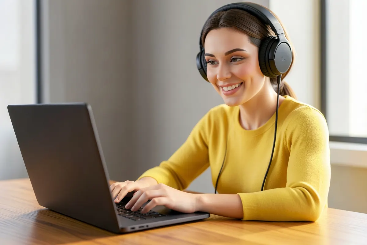 Uma mulher sorridente, com fones de ouvido, digita em um laptop aberto sobre uma mesa de madeira. A imagem é um close-up, com luz de janela vinda da direita, capturando o momento em que ela trabalha concentrada.