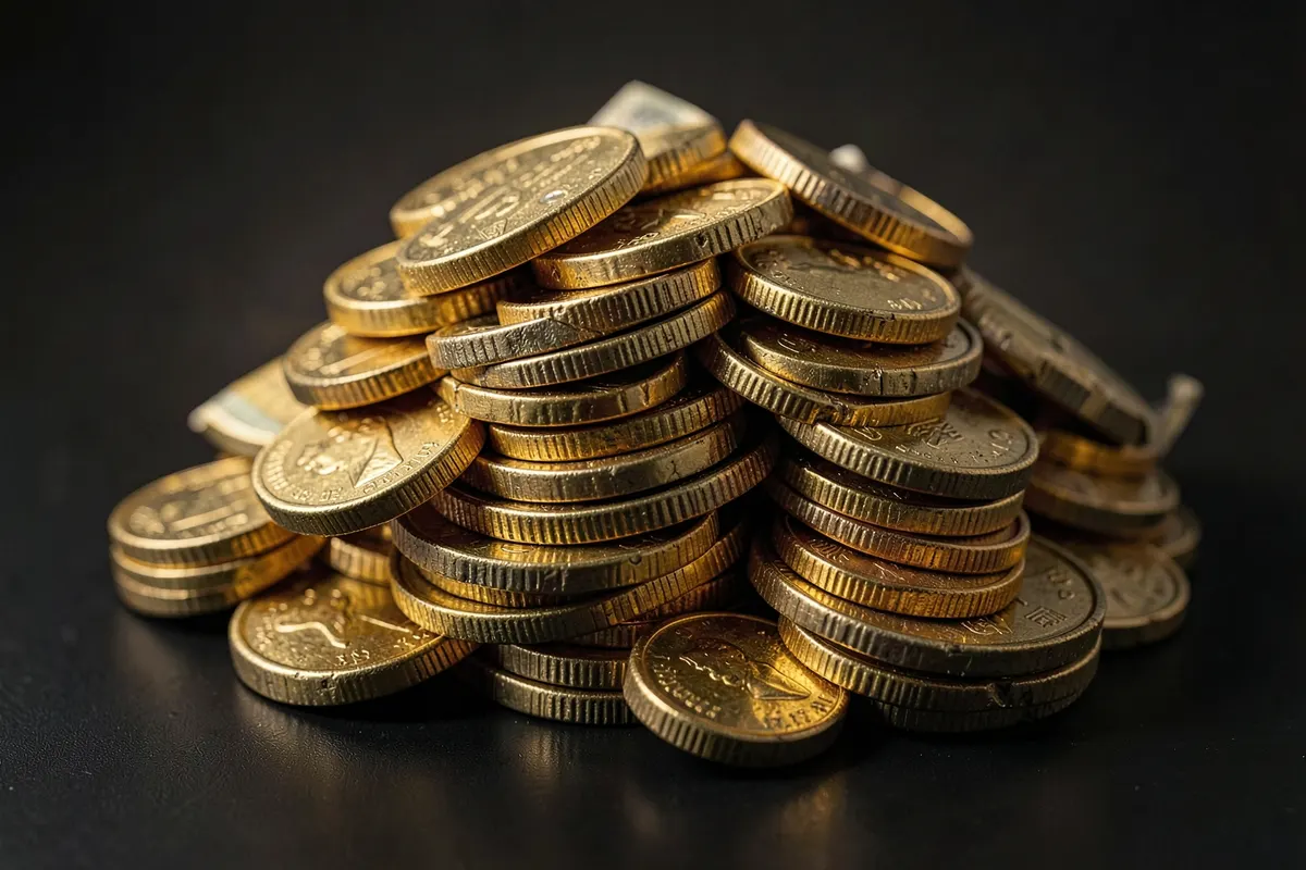 Uma pilha de moedas de ouro e notas de dinheiro empilhadas sobre uma superfície escura. A imagem é um detalhe, com luz de baixo vinda de trás, capturando o momento de acumulação.