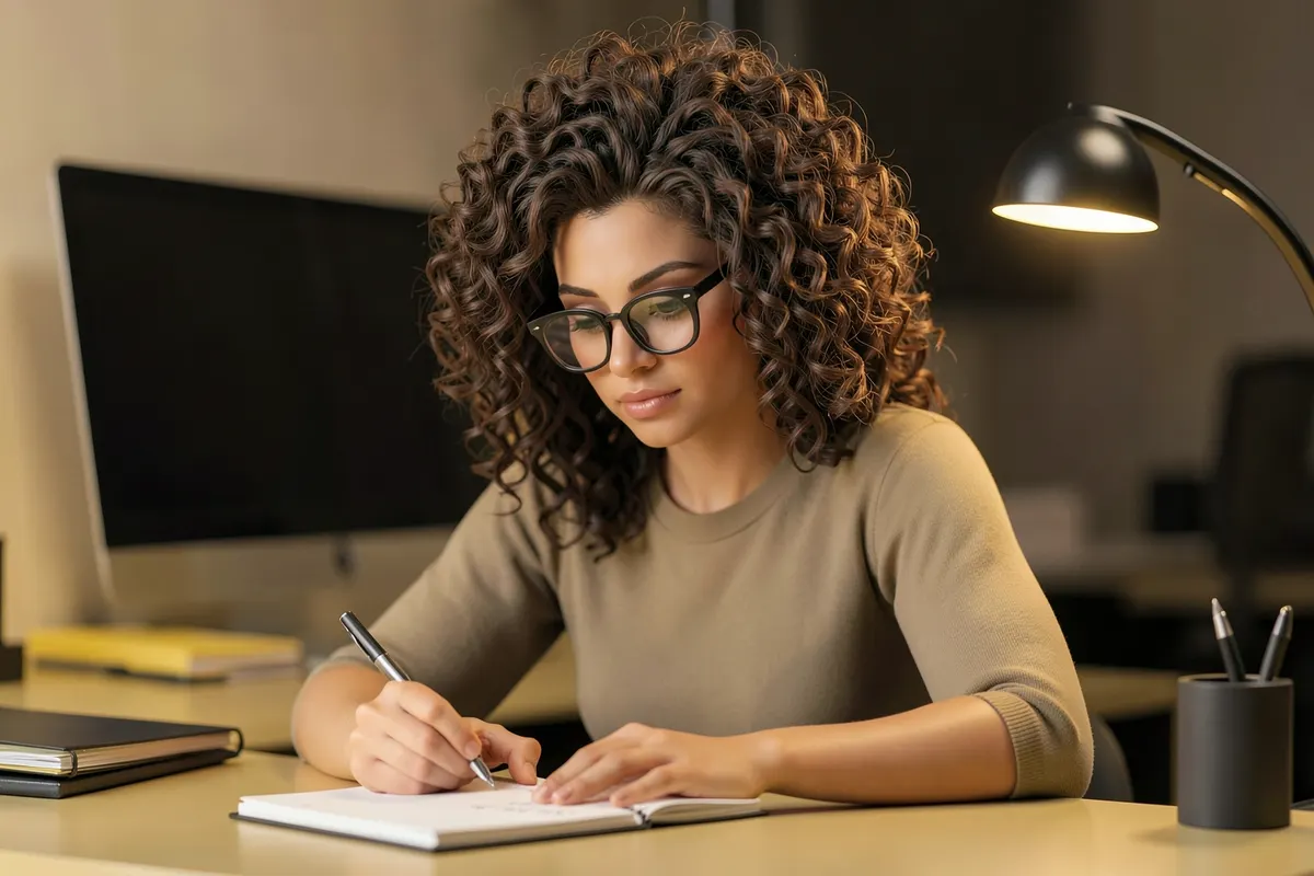 Uma mulher de cabelos cacheados, usando óculos, escreve em um caderno com uma caneta. Ao fundo, desfocado, um computador e materiais de escritório. A imagem é um plano médio, com luz suave vinda de cima, capturando o momento de anotação.