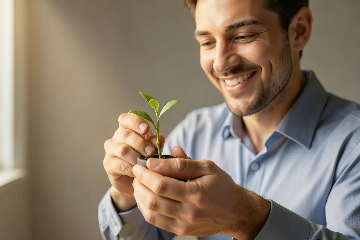 Um homem sorridente, vestindo camisa social, segura um pequeno broto de planta crescendo em um vaso. A imagem é um close-up, com luz natural vinda da esquerda, capturando o momento de cuidado com a planta.