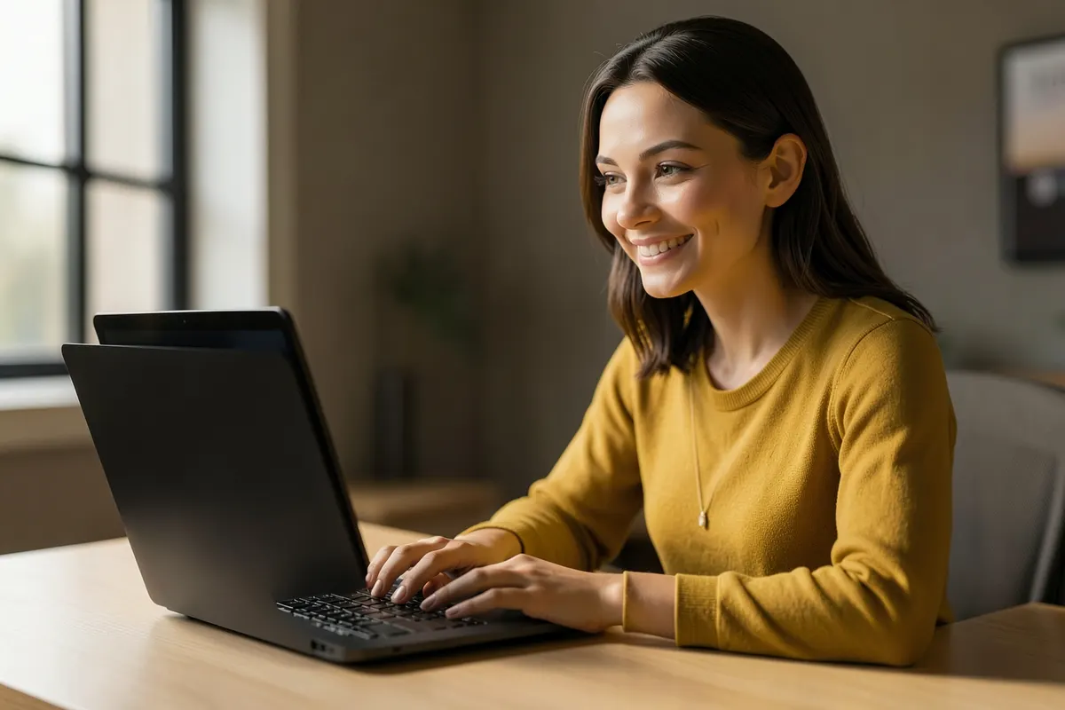 Mulher sorrindo enquanto assiste a uma aula online em seu laptop em casa.