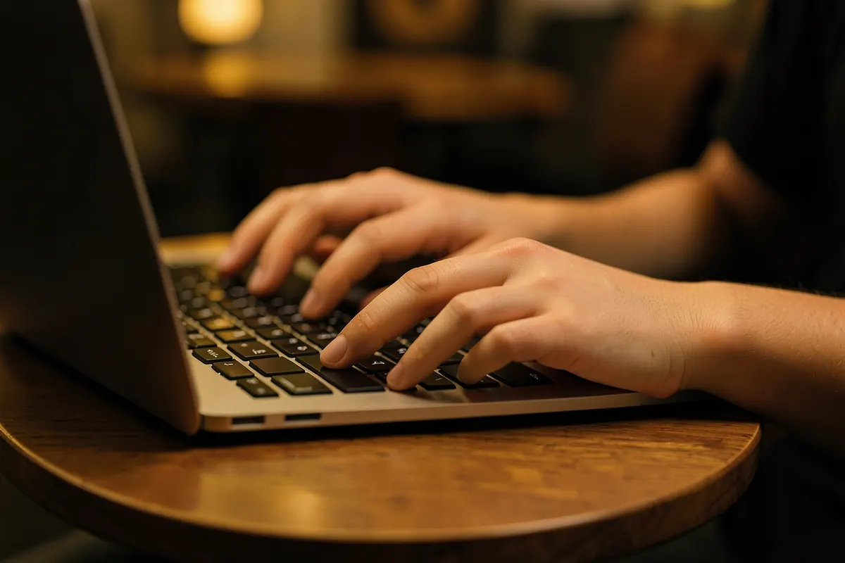 Pessoa aplicando estratégias de marketing digital em um laptop em um café.
