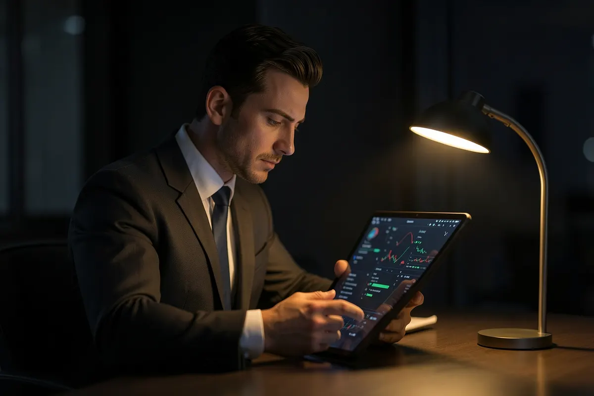 Homem analisando dados em um tablet em um ambiente de escritório.