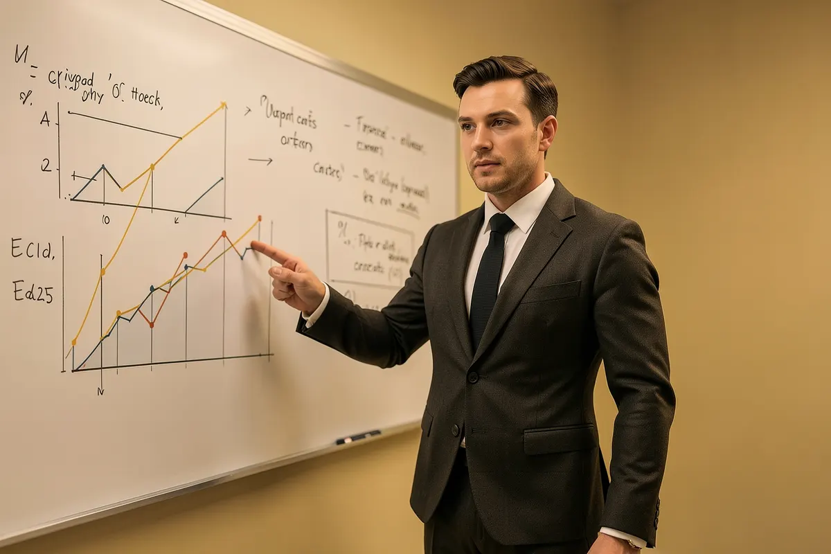 Um homem de terno e gravata, em frente a um quadro branco com gráficos e anotações sobre marketing digital.