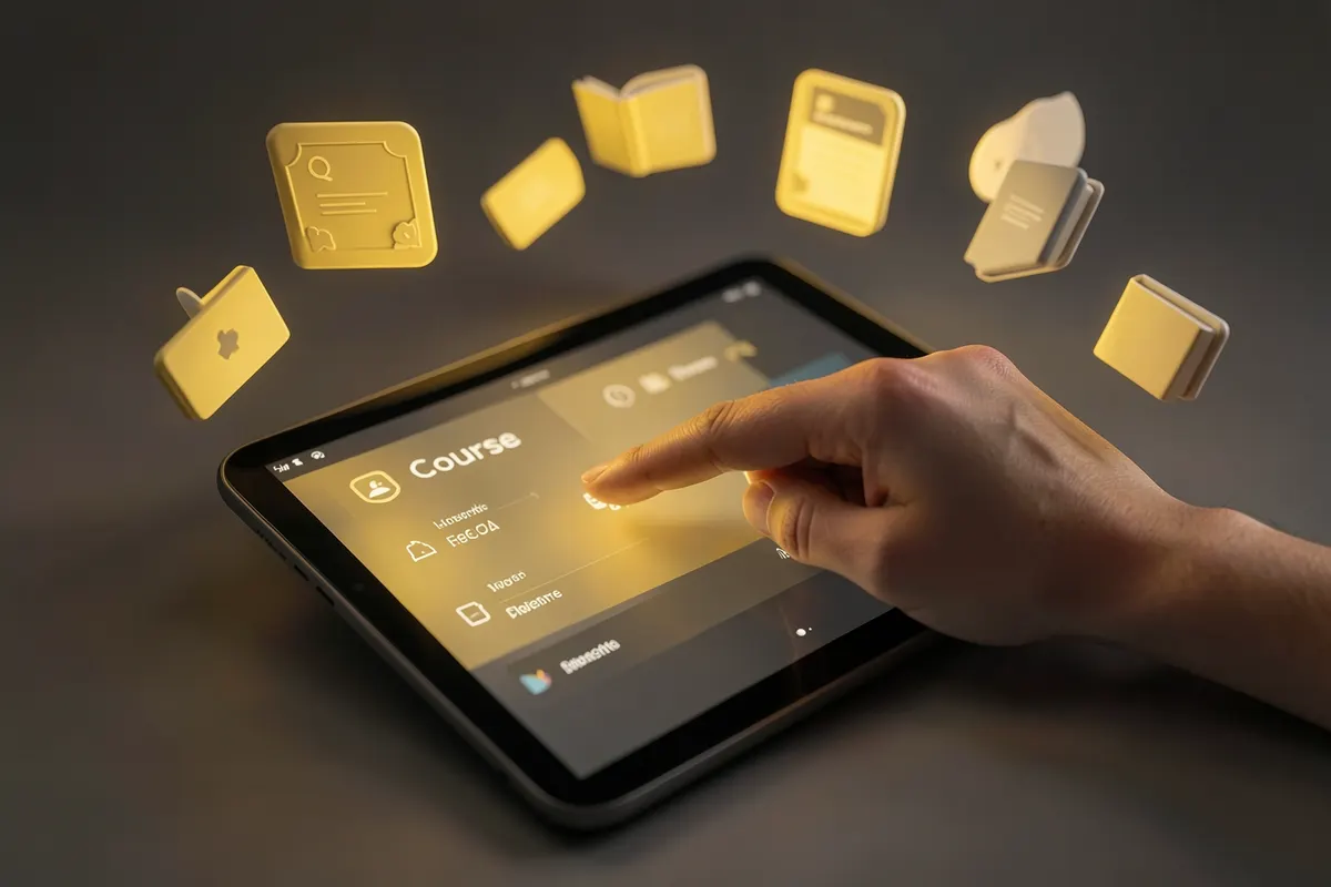 Uma pessoa escolhendo entre várias opções de cursos em um tablet, com ícones de certificados e livros ao redor.