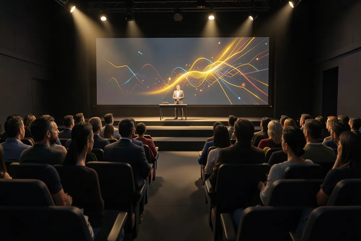 Um grupo de pessoas em um auditório assistindo a uma apresentação sobre marketing digital, com o logo da empresa em um telão.
