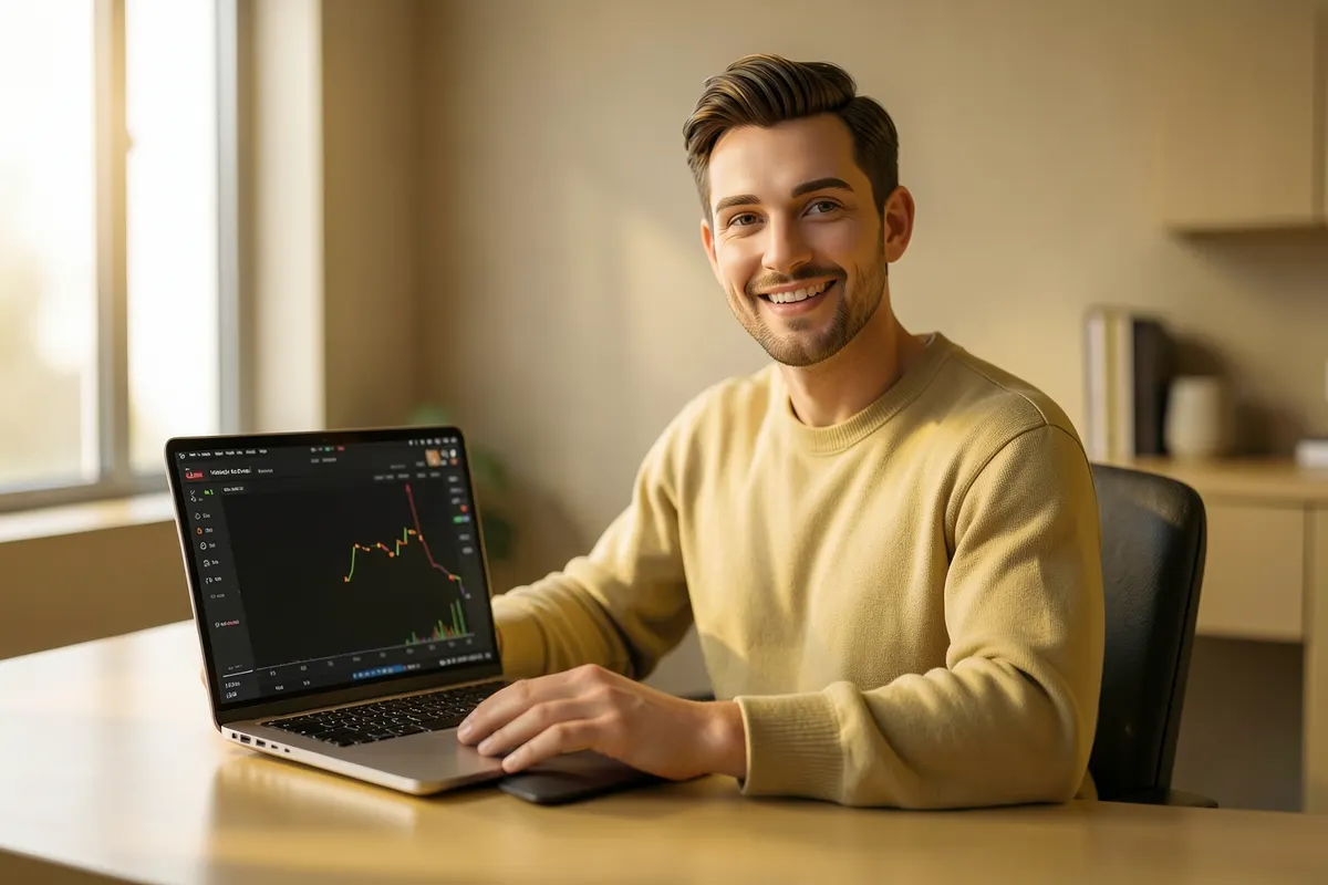 Um homem sorrindo, em um ambiente de trabalho moderno, com um notebook aberto mostrando métricas de tráfego.