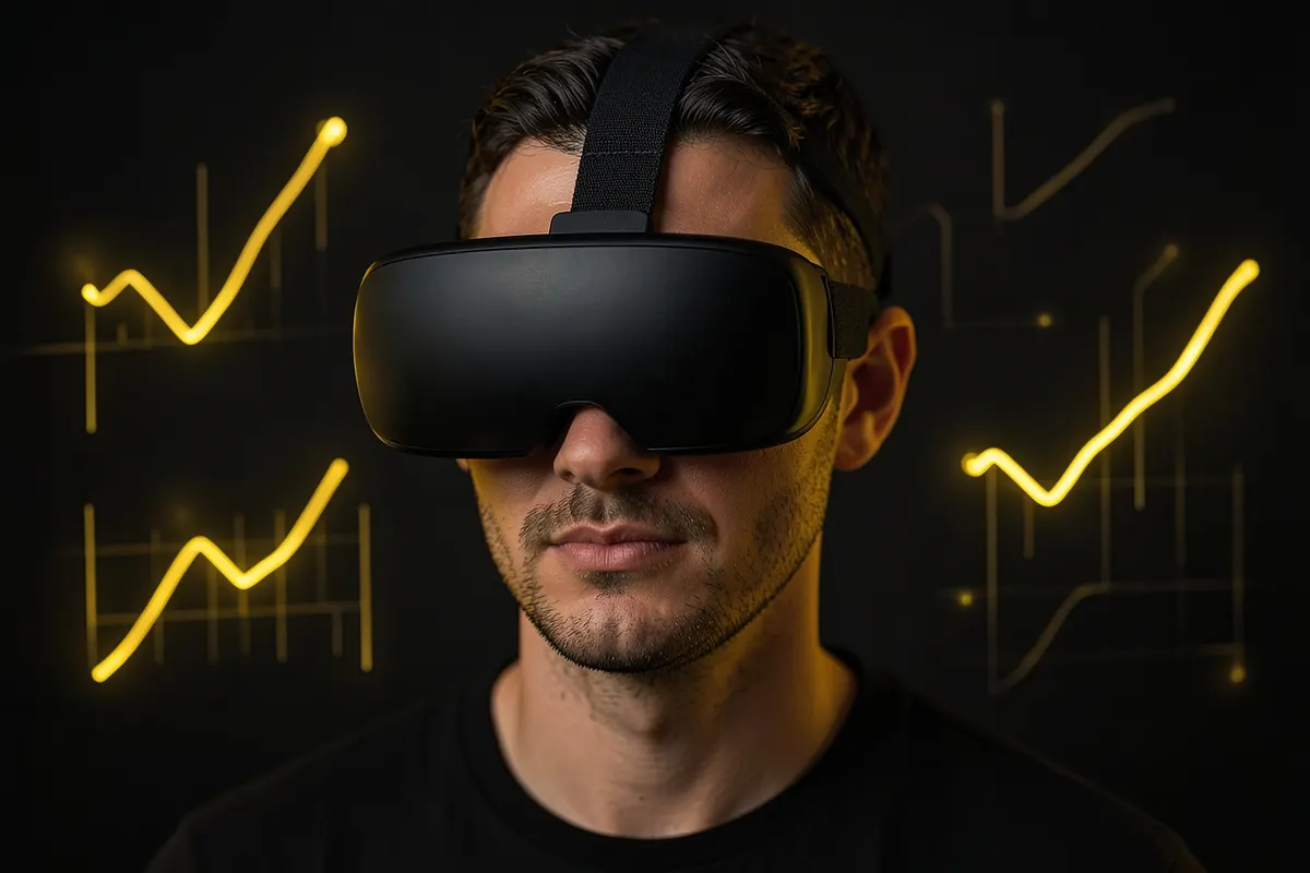 Uma pessoa usando um óculos de realidade virtual, com gráficos digitais flutuando ao seu redor em um ambiente escuro.