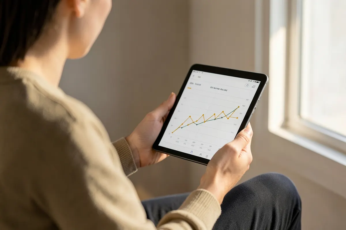 Pessoa analisando um gráfico de desempenho em um tablet.