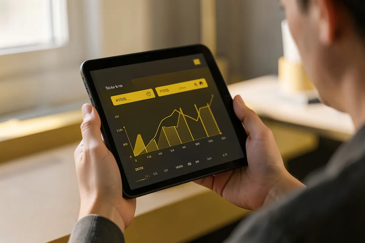 Pessoa analisando gráficos em um tablet em um escritório moderno.