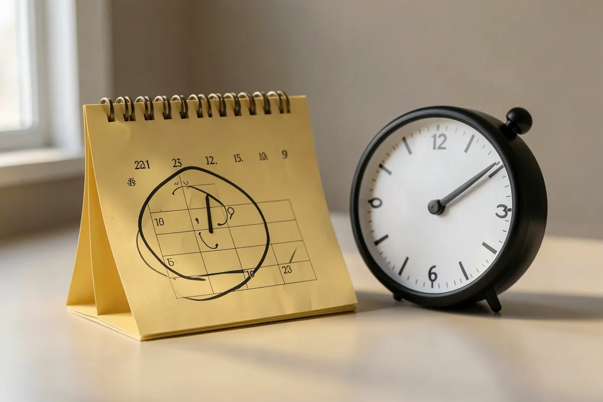 Calendário com um dia marcado e um relógio ao lado.
