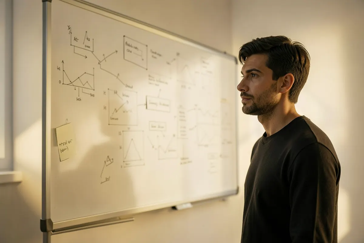 Pessoa pensativa olhando para um quadro com anotações e gráficos.