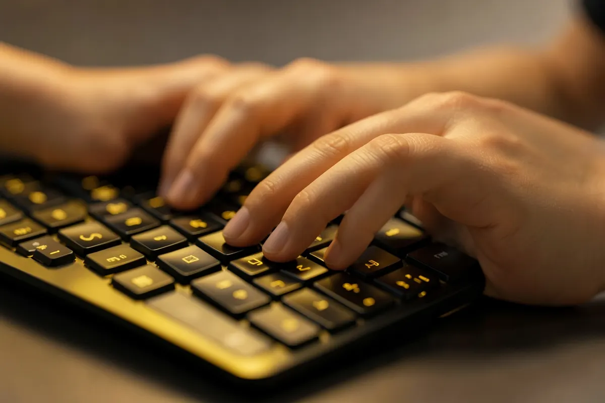 Mãos digitando rapidamente em um teclado de computador.