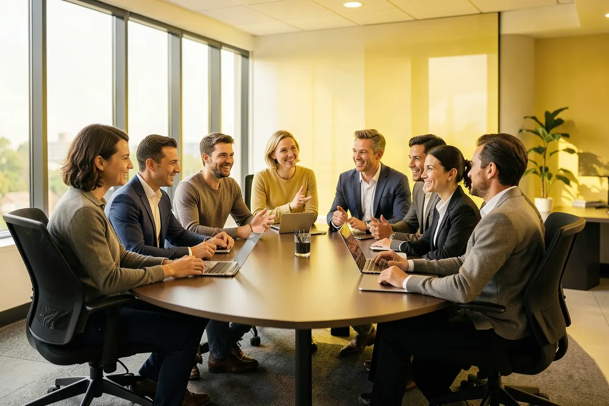 Pessoas em uma sala de reunião discutindo estratégias.