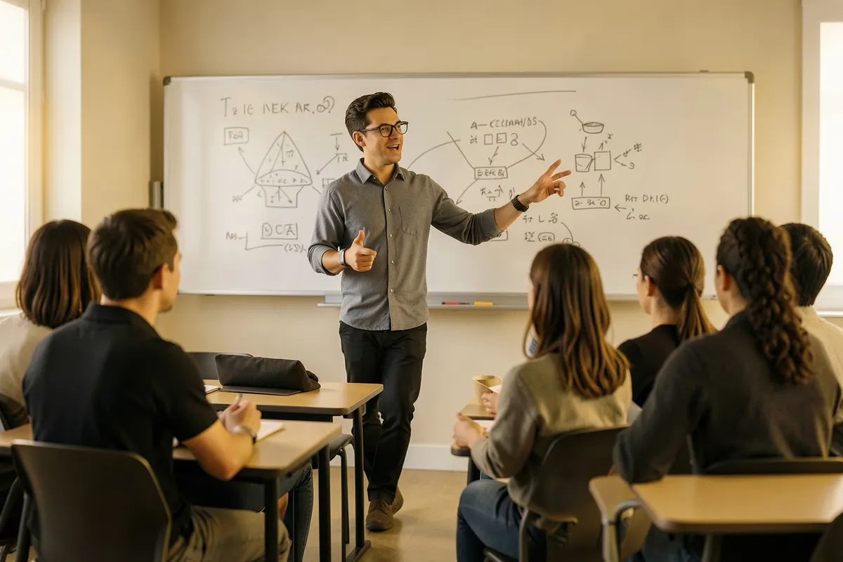Professor ensinando alunos em uma sala de aula.