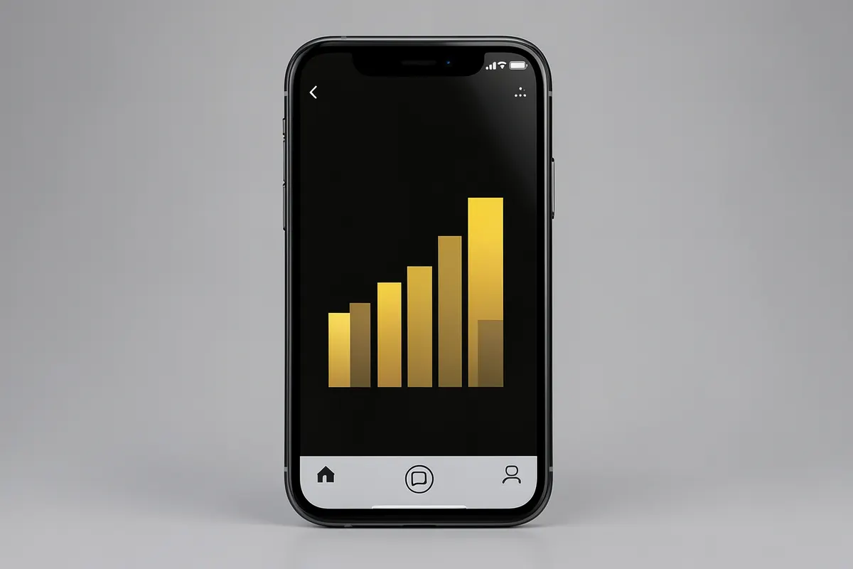 Gráfico de barras ascendente sobreposto a uma tela de celular mostrando o aplicativo Instagram.