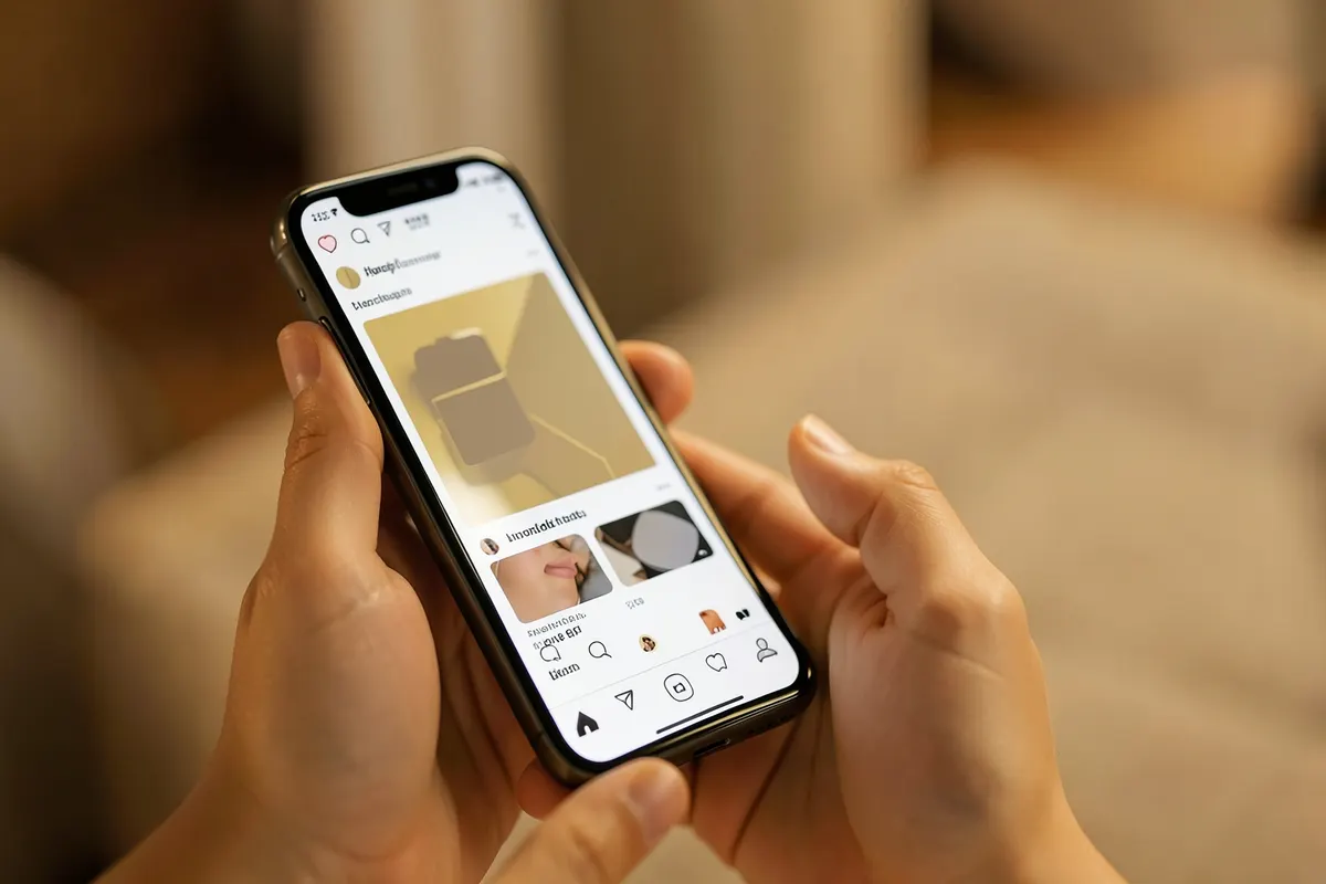 Uma pessoa usando um celular para navegar no feed do Instagram, com vários anúncios visíveis.