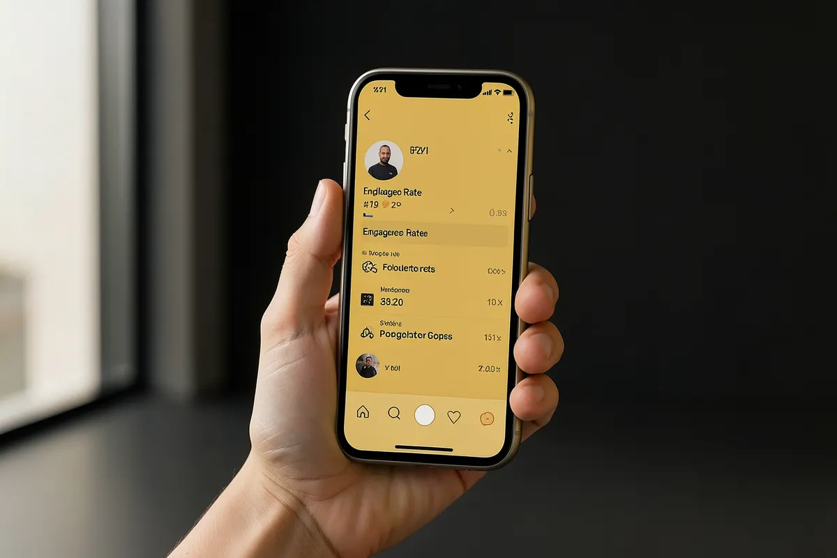 Uma mão segurando um celular com a interface do Instagram aberta, mostrando métricas de desempenho.