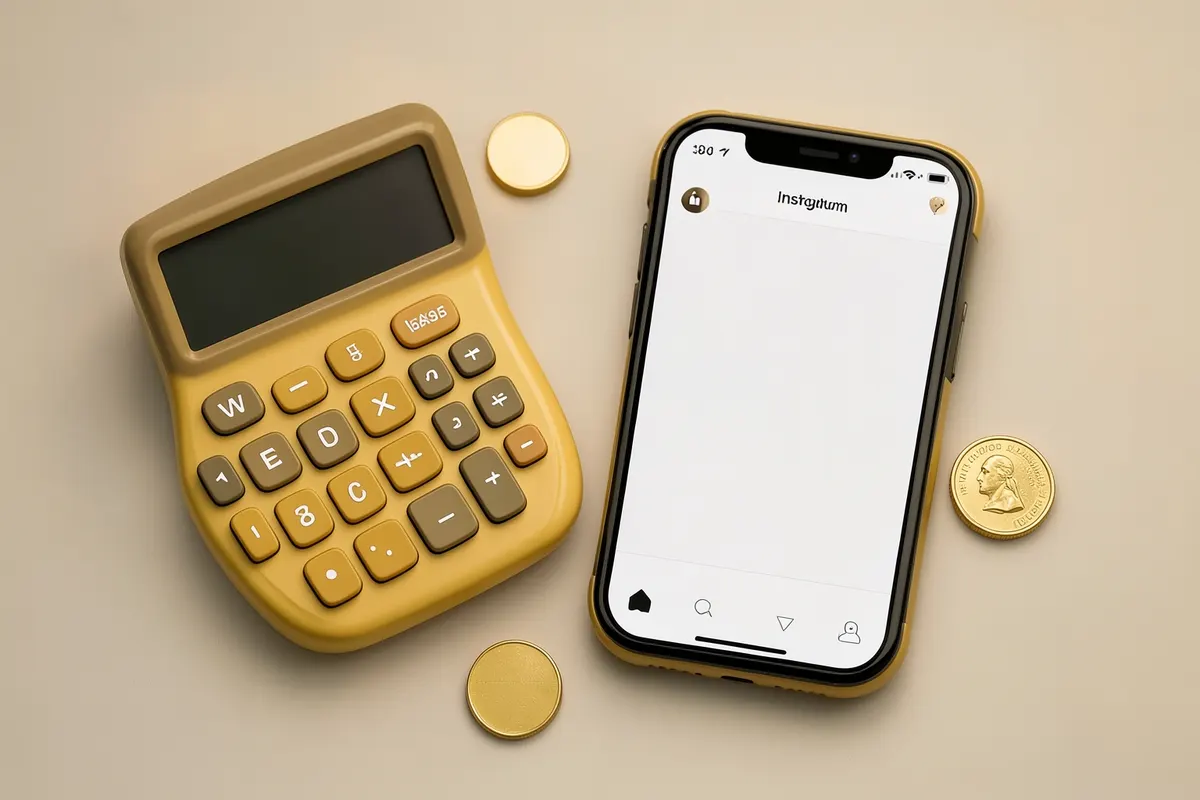 Uma calculadora e moedas de dinheiro ao lado de um celular exibindo o aplicativo Instagram.