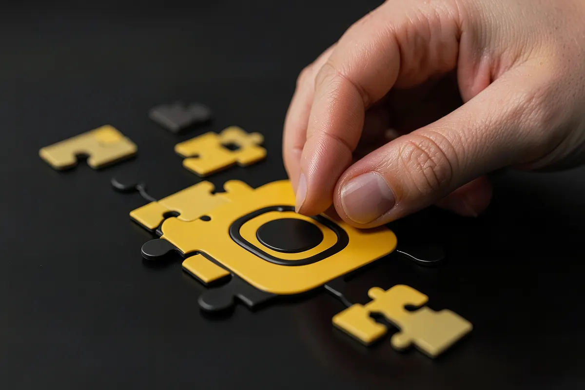 Uma pessoa montando um quebra-cabeça com peças que formam o ícone do Instagram.