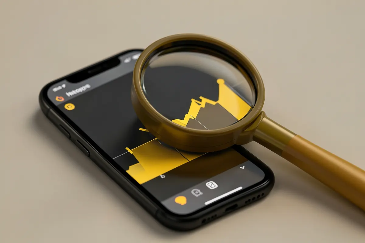 Uma lupa examinando um gráfico de desempenho em um celular com o aplicativo Instagram aberto.