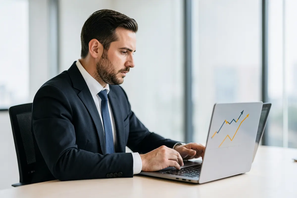 Homem em plano médio olhando para gráficos de crescimento em um laptop.