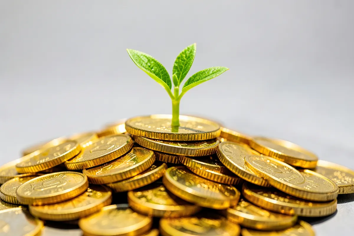 Vantagens do tráfego pago: uma planta crescendo em moedas, detalhe, luz do sol vindo de cima, momento de crescimento.