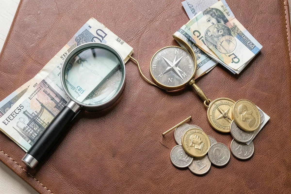 Como fazer tráfego pago: um kit de ferramentas de marketing com moedas e notas, vista de cima, luz natural, momento de preparação.