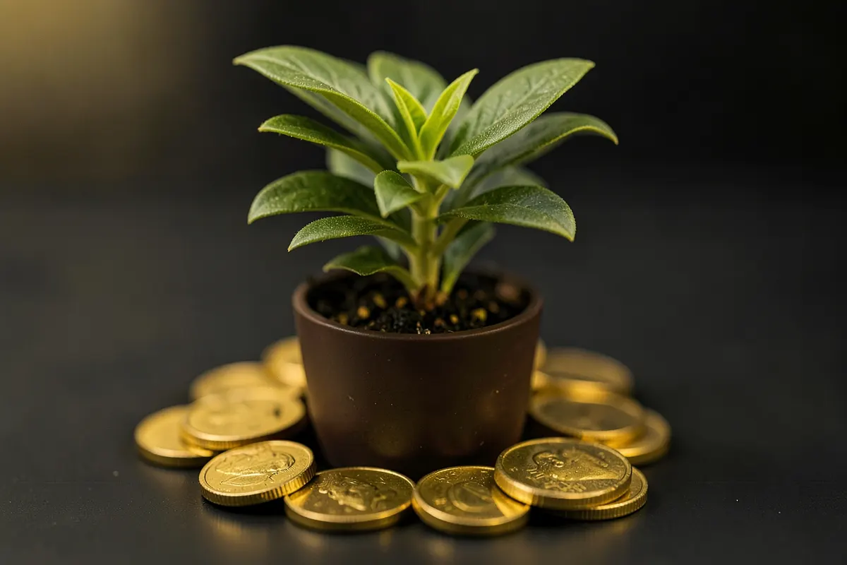 Valor mínimo para tráfego pago: uma pequena planta em um vaso com moedas ao redor, detalhe, luz suave, momento de início.