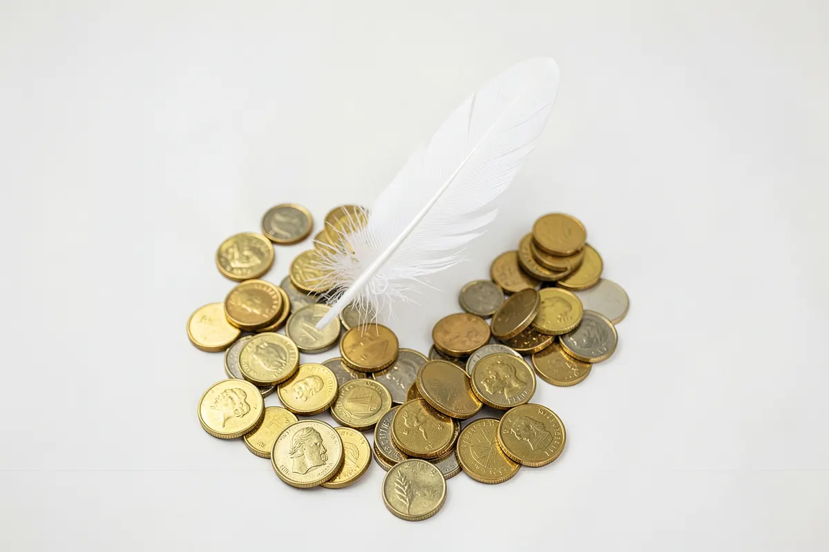Tráfego pago gratuito: uma pena flutuando no ar com moedas abaixo, vista de cima, luz suave, momento de leveza.