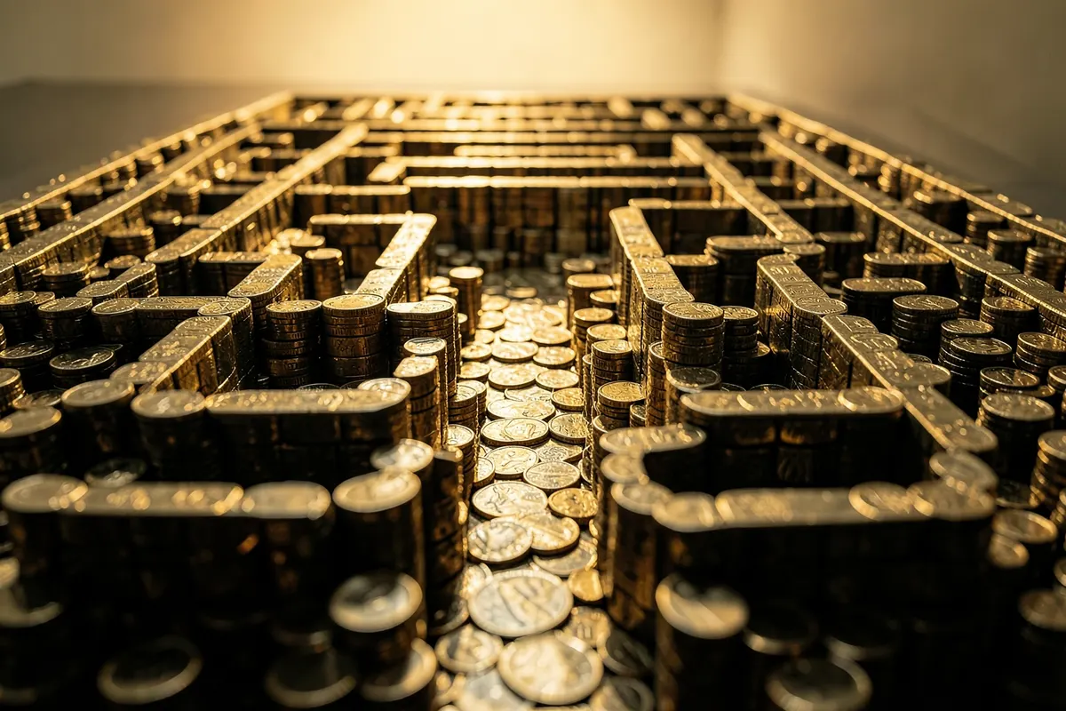 Considerações finais tráfego pago: um labirinto de moedas com um caminho claro, plano médio, luz de fundo, momento de clareza.