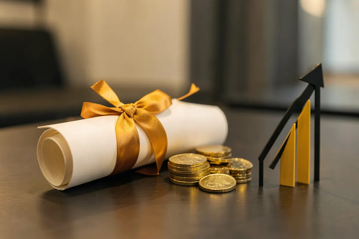 Curso de tráfego pago: um diploma enrolado com moedas e um gráfico de crescimento, close-up, luz de escritório, momento de conquista.
