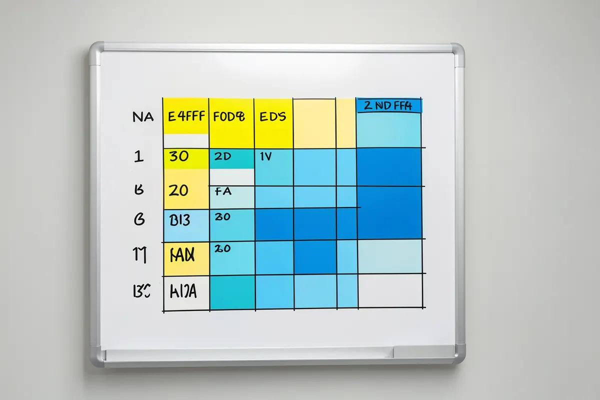 Um quadro branco com um cronograma de estudos desenhado com canetas coloridas, incluindo datas, horários e matérias.