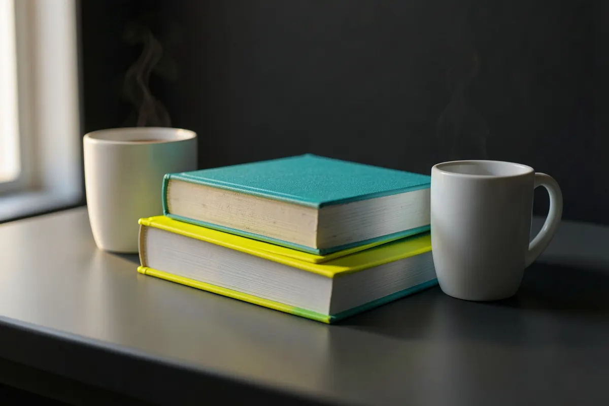 Uma pilha de livros didáticos e cadernos organizados sobre uma mesa, com uma xícara de café ao lado, simbolizando a dedicação aos estudos.
