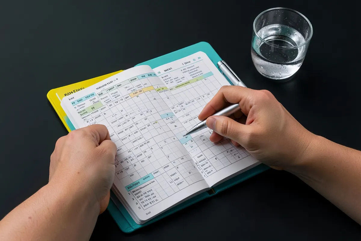 Uma pessoa escrevendo em um planner com detalhes de horários e tarefas, com uma caneta e um copo de água ao lado.