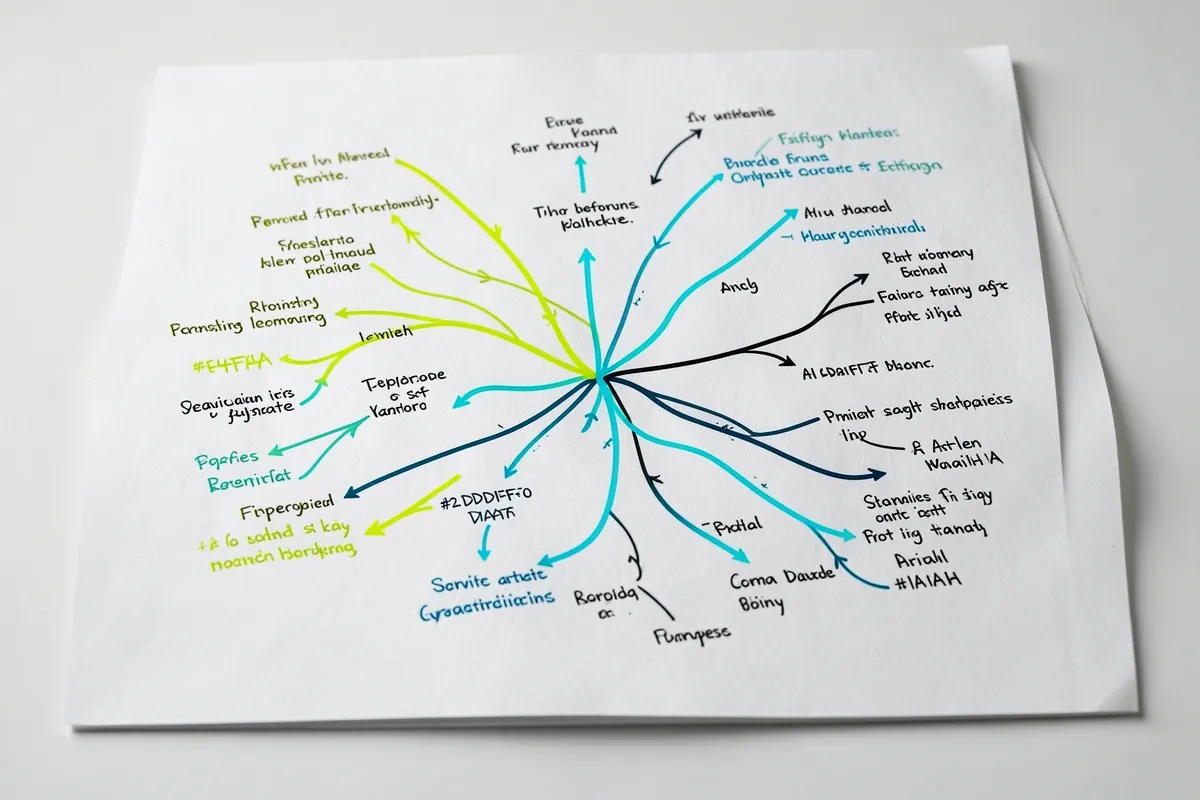 Um mapa mental com setas conectando diferentes matérias e tópicos de estudo, organizado em uma folha de papel.