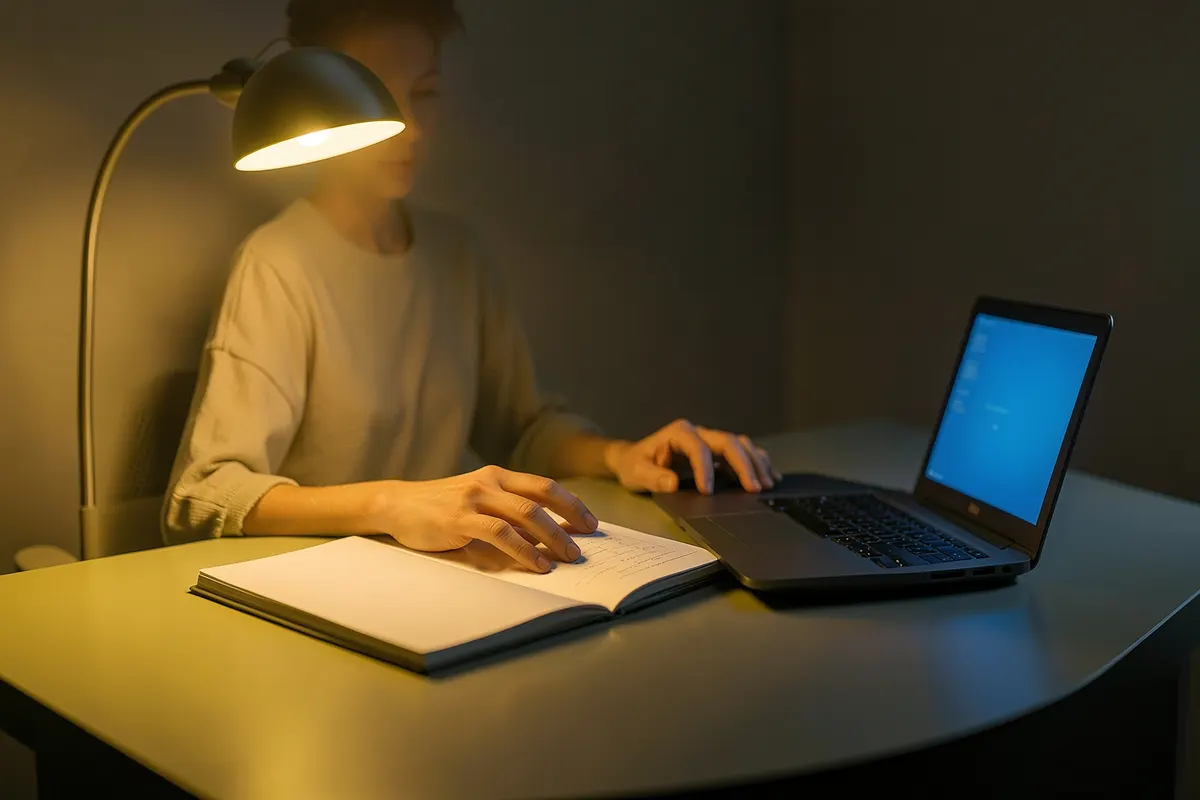 Uma pessoa sentada em uma escrivaninha, planejando seu cronograma de estudos em um caderno, com um laptop aberto ao lado.